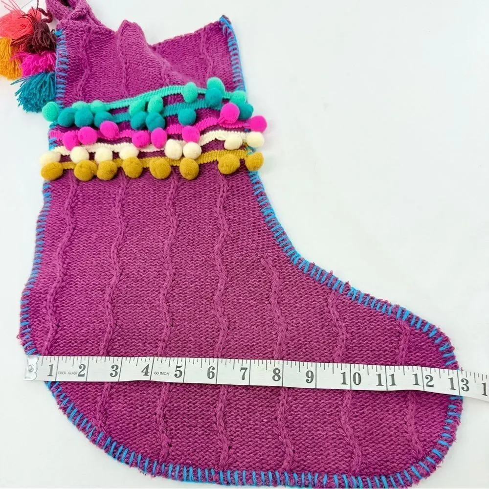 Natural Life Set of 3 Boho Christmas Stockings Purple Cable Knit PomPom Trim